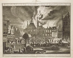 Brand im alten Amsterdamer Rathaus, 17. Juli 1652, aus einem Buch über die Brandbekämpfung in Holland, veröffentlicht um 1700