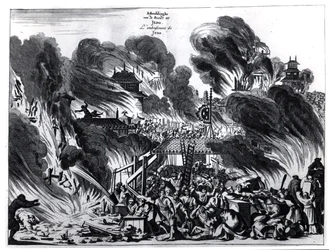 Großes Feuer in Yedo (Tokio) im 17. Jahrhundert, Illustration aus dem Bericht von Arnold Montanus über die Botschaften der Niederländischen Ostindien-Kompanie an den Kaiser von Japan, veröffentlicht in Amsterdam 1680