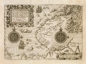 Karte des neu entdeckten Nova Zembla, Illustration aus Diarium Nauticum, seu vera descriptio trium navigationum admirandarum... von Gerrit de Veer, 1598