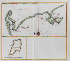 Karten zeigen Dassen Island, eine südafrikanische Insel, und die gegenüberliegende Küste.