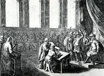 Ptolemaios Philadelphos, König von Ägypten, ruft 72 Männer aus Judäa, um das jüdische Gesetz ins Griechische zu übersetzen, ca. 1700