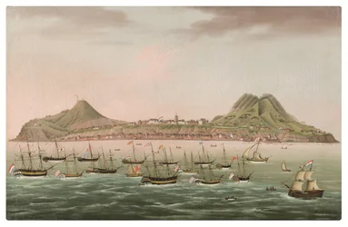 Sint Eustatius in den Niederländischen Antillen, mit Westindienfahrern vor Oranjestad