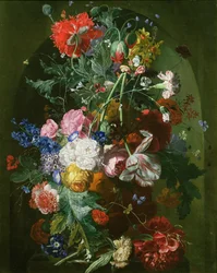 Stillleben mit Blumen in einer Terrakottavase in einer Nische