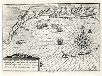 Die Ankunft der Flottille von Vizeadmiral Wybrandt Van Warwijck im Südosthafen von Mauritius im September 1598