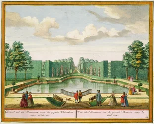 Blick vom Laubengang über den großen See, aus Het Zeganplant Kennemerlant, von Hendrick de Leth und Matthias Brouerius Van Nidek, veröffentlicht ca. 1700-1730