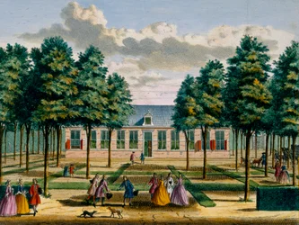 Blick auf das Haus Jagerlust, aus Het Zeganpralent Kennemerlant von Hendrick de Leth und Matthias Brouerius Van Nidek, veröffentlicht um 1700-1730