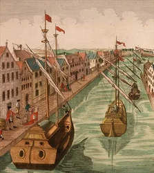 Ansicht des Kettel-Tors in Delft, Detail der Schiffe im Hafenkanal (Detail)