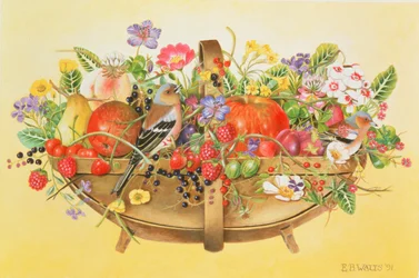 Spankorb mit Früchten, Blumen und Buchfinken, 1991
