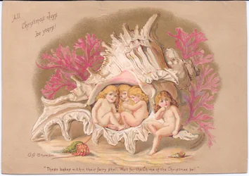 Eine viktorianische Weihnachtskarte von vier Wasserbabys, die in einer Ramrose-Murex-Muschel sitzen, vor einem Hintergrund aus Korallen und einem Einsiedlerkrebs in seiner Muschel, von Gertrude Thompson, ca. 1895