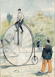 Grand-Bi mit Vorderraddurchmesser größer als 1,50 m - Aus einem Schutzumschlag für Schulbücher, späte 19. Jahrhundert - Illustration von E. Letellier - Geschütztes Notizbuch historisch, späte 19. Jahrhundert