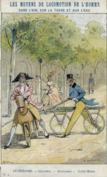 Velocipedes - Englisches Celerifere - Draisienne, Vorläufer des Fahrrads - Aus einem Schutzumschlag für Schulbücher, späte 19. Jahrhundert - Illustration von E Letellier - Celerifere - Draisienne - Steckenpferd (Nobby Horse) - Schutzumschlag historisch, En