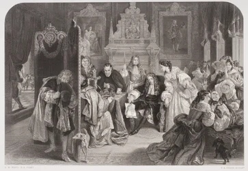 Jakob II. (1633-1701) erhält Nachricht von der Landung des Prinzen von Oranien, graviert von F.A. Heath