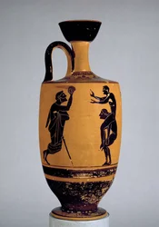 Attische schwarzfigurige Lekythos, dekoriert mit einem alten Mann, der einem Jugendlichen einen Ball zuwirft, ca. 500 v. Chr.