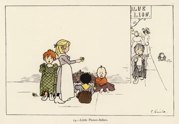 Kleine Blumenverkäufer (Farblithografie)