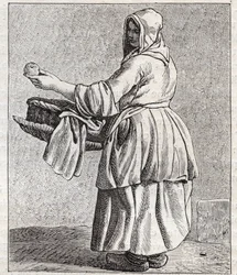 Die Apfelverkäuferin - Kleines Gewerbe in Paris („Études prises dans le bas Peuple, ou les Cris de Paris“) - Gravur von Edme Bouchardon (1698-1762)
