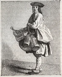Der Laternenhändler - Kleines Gewerbe in Paris („Études prises dans le bas Peuple, ou les Cris de Paris“) - Gravur von Edme Bouchardon (1698-1762)