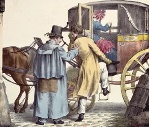 Wohin gehen wir?... Immer geradeaus, Karikatur aus der Serie Moeurs Parisiennes, graviert von Langlume, ca. 1825