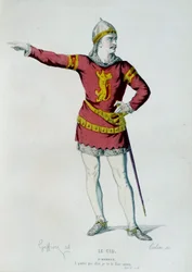 Kostüm für Don Rodrigue oder Le Cid in Szene 2 des II. Aktes von „Le Cid“ von Pierre Corneille (1606-1684). Illustration von Edmond Geffroy (1804-1895), 19. Jahrhundert, Paris, Comédie-Française