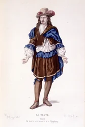 Die Figur des Philiste in La veuve ou le traitre betrayed - Gesamttheater: (Sammlung von Stücken von Corneille) Zeichnung von Geffroy, Gravur von L. Wolff - ed. Laplace, Sanchez et Cie, Paris 1884