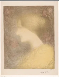 Kopf einer jungen Frau, umgeben von Rosen