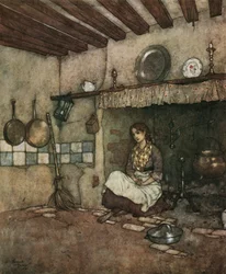 Aschenputtel: das junge Aschenputtel sitzt in der Asche im Kamin, ca. 1910