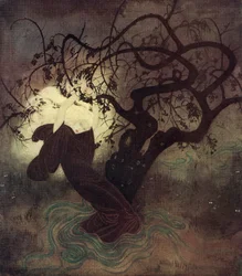 „In ihrem verzweifelten Kampf fiel die Kapuze ihres Umhangs von ihrem strahlend goldenen Haar zurück, und sofort wurde der ganze Ort mit Licht überflutet“, Illustration aus dem englischen Märchen The Buried Moon, aus Edmund Dulac