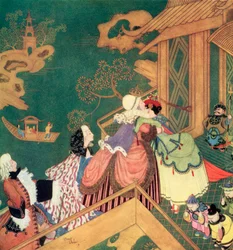 „Laideronnette küsste und umarmte die gute Schutzfee“, Illustration zu dem französischen Märchen Die grüne Schlange, aus Edmund Dulacs Fairy-Book: Märchen der alliierten Nationen, veröffentlicht 1916