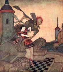 „Als der Prinz hinaussah, sah er, wie dieser die Prinzessin ergriff und rasch davonflog“, Illustration aus dem serbischen Märchen Die Geschichte von Bashtchelik, aus Edmund Dulacs Märchenbuch: Märchen der verbündeten Nationen, veröffentlicht 1916