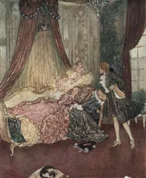 Dornröschen: Prinz Charming entdeckt das schlafende Mädchen, ca. 1910