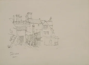 Skizze des Hofes hinter der Scheune des Wächters im New College, mit Unterkünften im Hintergrund