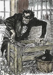 Dr. Jekyll sucht verzweifelt nach den Pulvern, die ihm erlauben, seinen Charakter von Mr. Hyde zu befreien, Illustration von Edmund Joseph Sullivan für den Roman 