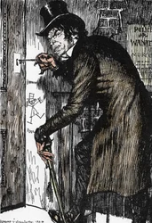 Mr. Hyde kehrt nach einer Nacht voller Abenteuer nach Hause zurück, um das Gegenmittel zu nehmen und wieder das Aussehen von Dr. Jekyll anzunehmen, Illustration von Edmund Joseph Sullivan (1869-1933) für den Roman 