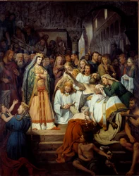 Der Tod von Saint Pretextat, Bischof von Rouen. Fredegonde (545-597), Ehefrau von Chilperic I, beobachtet Pretextat de Rouen, den sie in der Kathedrale von Rouen ermorden ließ.