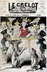 Der Hase ist aufgescheucht! - Cartoon zum deutsch-französischen Konflikt, ein Hund mit preußischem Helm denunziert einen Hasen mit einer Kappe der französischen Armee, vor einem Gericht, das von Europa präsidiert wird und Raubvögel und Kronen enthält - Ill