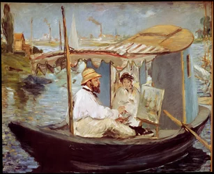 Claude Monet malt in seinem Atelierboot