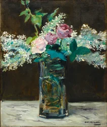 Vase mit weißen Flieder und Rosen