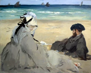 Am Strand Darstellung von Suzanne Manet, der Frau des Künstlers und seinem Bruder Eugene am Strand von Berck-sur-Mer. Gemälde von Edouard Manet (1832-1883) Sommer 1873 Paris, Musée d