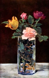 Stillleben mit Rosen und Tulpen in einer Drachenvase, 1882