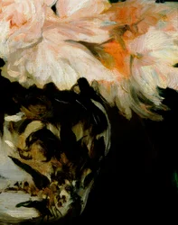 Vase mit Pfingstrosen auf Fußdusche, Detail