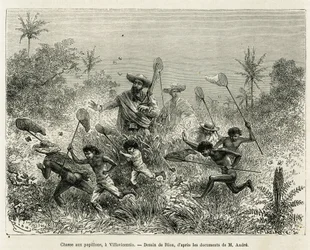 Eine Gruppe von Kindern jagt Schmetterlinge, begleitet vom Autor, in Villavicencio (Kolumbien), Zeichnung von Riou, um die Geschichte von Äquatorialamerika (Kolumbien, Ecuador, Peru) in 1875-1876 zu illustrieren, von Ed. André, Reisender im Auftrag der fra