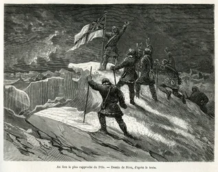 Kapitän George Strong Nares (1831-1915) pflanzte die britische Flagge an der dem Pol am nächsten gelegenen Stelle, Zeichnung von Riou, um die Geschichte einer Reise zum Polarmeer in 1875-1876 von Kapitän G. S. Nares zu illustrieren. Gravur in Le tour du mo