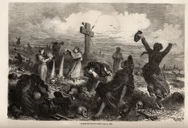 Feier des Festes der Toten in Cuzco, Zeichnung von Riou, zur Illustration der Reise von Paul Marcoy durch Südamerika von 1848 bis 1860. Gravur in „Le tour du monde“, herausgegeben von Edouard Charton