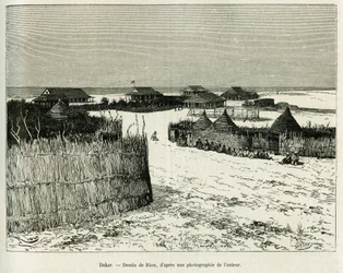 Dakar. Gravur von Riou zur Illustration der Geschichte „Reise nach La Plata, drei Monate Urlaub“ von Emile Blaireaux 1886, in Le Tour du monde 1887, unter der Leitung von Edouard Charton (1807-1890), Hachette, Paris.