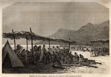 Verteilung von Lebensmitteln in Keauhou, nach dem Erdbeben und Vulkanausbruch von 1868, für die Opfer der Katastrophe, graviert nach der Zeichnung von E. Riou, zur Illustration der Reise zu den Sandwich-Inseln, 1855-1869, von C. de Varigny, veröffentlicht 