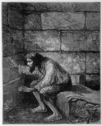 Edmond Dantès, der Graf von Monte Cristo in seinem Gefängnis - Gravur von Riou, in „Der Graf von Monte-Cristo“ von Alexandre Dumas, Rouff & Cie
