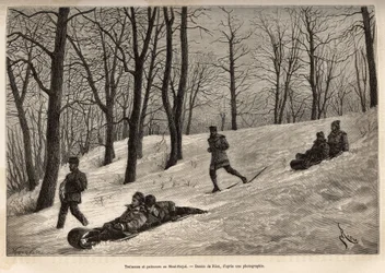 Schlitten und Schlittschuhläufer auf dem Plateau des Mont-Royal, in der Nähe von Montreal, Gravur nach einer Zeichnung von Riou, zur Illustration des Ausflugs nach Kanada und der Riviere Rouge du nord, von H. De Lamotte, 1873, veröffentlicht in „Le tour du