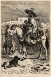 Porträt eines arabischen Händlers, der seine Waren (Lämmer, Geflügel...) auf seinem Pferd auf den Markt bringt; die Produkte werden in Körben oder auf Matten auf dem Boden präsentiert, Gravur nach einer Zeichnung von E. Riou, die die Reise nach Tlemcen (Al