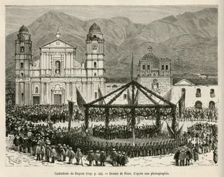 Die Kathedrale von Bogotá, auf dem Bolivar-Platz (Kolumbien), während der jährlichen Feier der Unabhängigkeit (18. Dezember), zu diesem Anlass wurde ein ephemerer Kiosk errichtet, um das Orchester unterzubringen, Zeichnung von E. Riou, um die Reise nach Äq