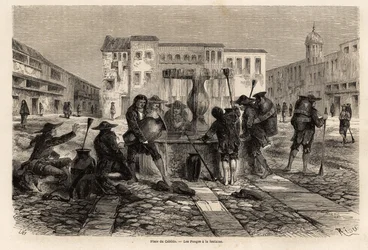 Die Pongos, Indios in Knechtschaft, am Brunnen, auf dem Platz des Cabildo, in Cuzco, Zeichnung von Riou zur Illustration der Reise durch Südamerika von 1848 bis 1860 von Paul Marcoy. Gravur in „Le tour du monde“, herausgegeben von Edouard Charton