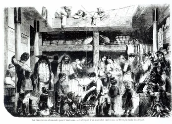Der Vorabend der Abreise nach Amerika - Deutsche Auswanderer auf dem Weg in die USA im Zwischendeck eines amerikanischen Liners im Hafen von Le Havre, um 1850